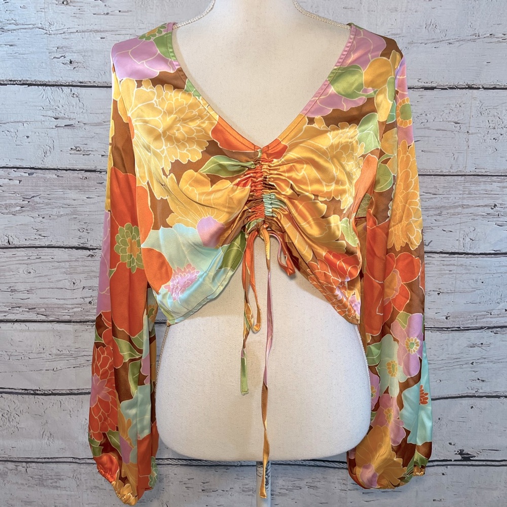 FOREVER 21 Cropped Long Sleeve Satin Blouse Retro Floral w Adjustable Front-0X